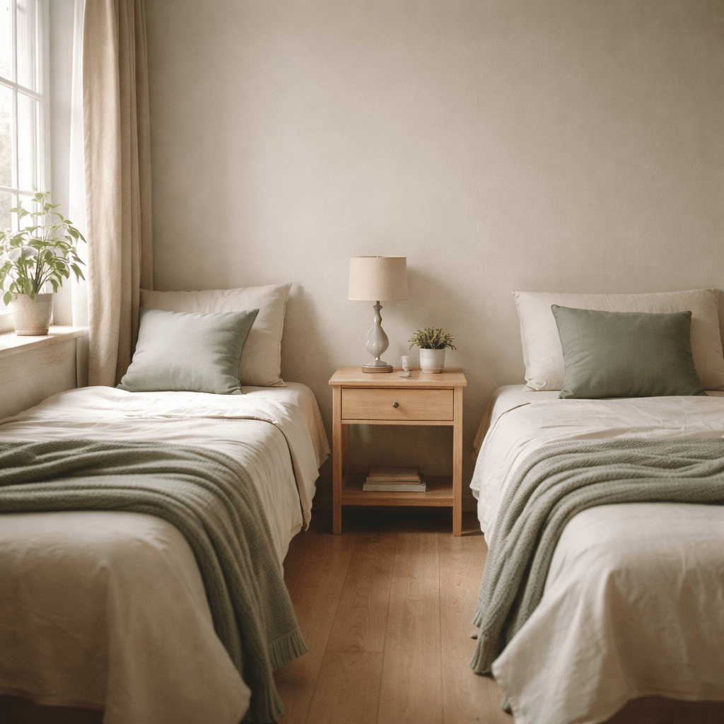 Chambre à coucher paisible aux tons sauge et beige, illustration de l'article sur l'éloignement de l'intimité dans le couple