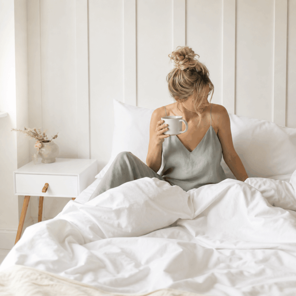 Femme assise dans son lit dans la lumière douce du matin, tenant une tasse, illustration de l'article sur le plaisir comme indicateur de sécurité intérieure