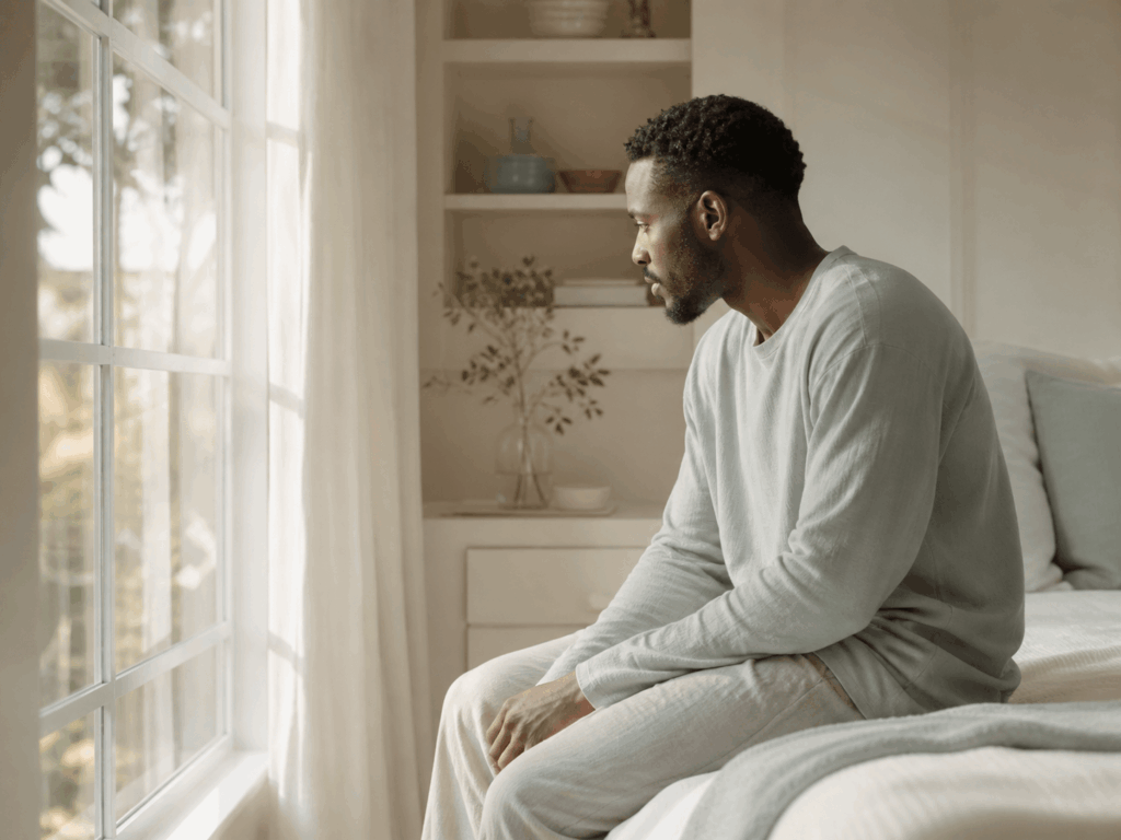 Homme assis près d'une grande fenêtre dans une posture pensive, illustration de l'article sur la régulation des émotions en relation