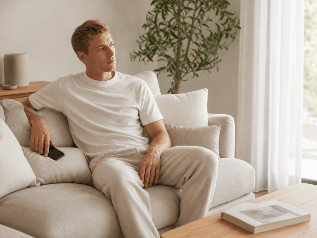 Personne assise dans un intérieur paisible aux tons doux, illustration de l'article sur la consommation problématique de pornographie