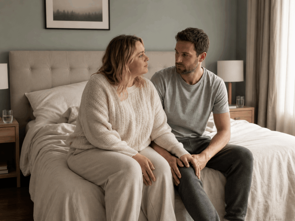 Couple assis l'un près de l'autre dans un moment de discussion paisible, illustration de l'article sur la pornographie dans le couple