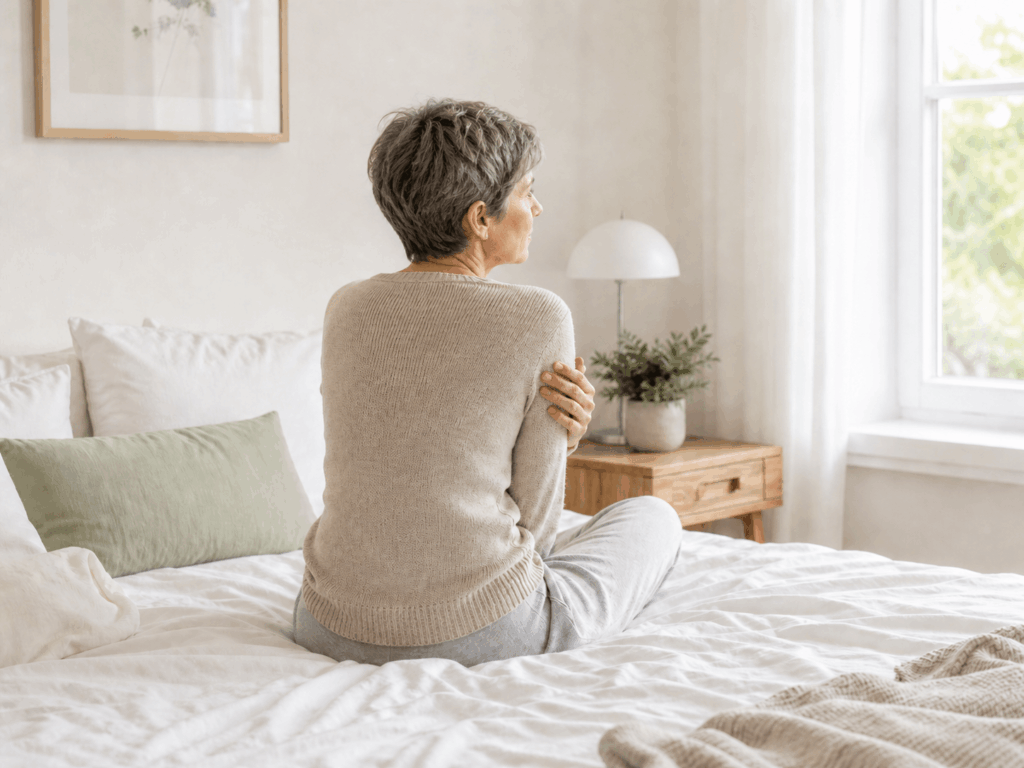 Personne assise pensivement dans un intérieur paisible aux tons doux, illustration de l'article sur la baisse de désir sexuel