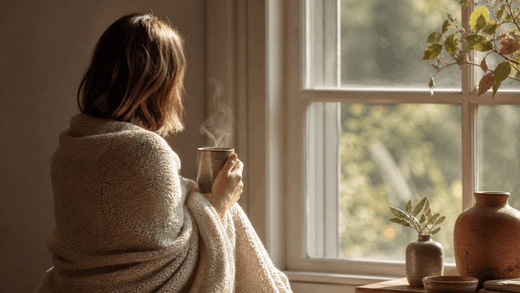 Personne enveloppée dans une couverture, tenant une tasse chaude, regardant par la fenêtre dans une lumière douce du matin