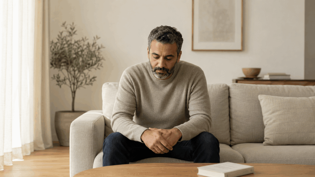Homme assis seul dans un intérieur calme, posture introspective, après avoir été infidèle