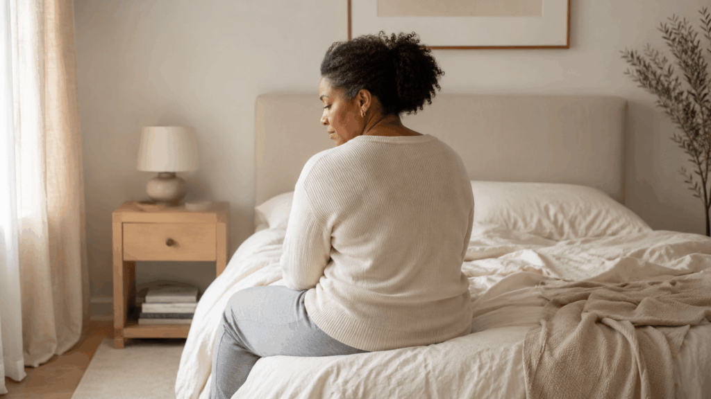 Femme pensive assise au bord d'un lit dans une chambre lumineuse, dans un moment de réflexion après la découverte d'une infidélité