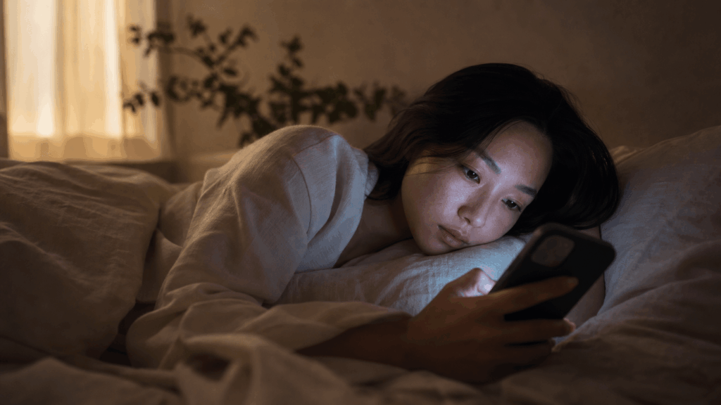 Femme allongée dans son lit le soir, le visage éclairé par l'écran de son téléphone, regard pensif et vulnérable