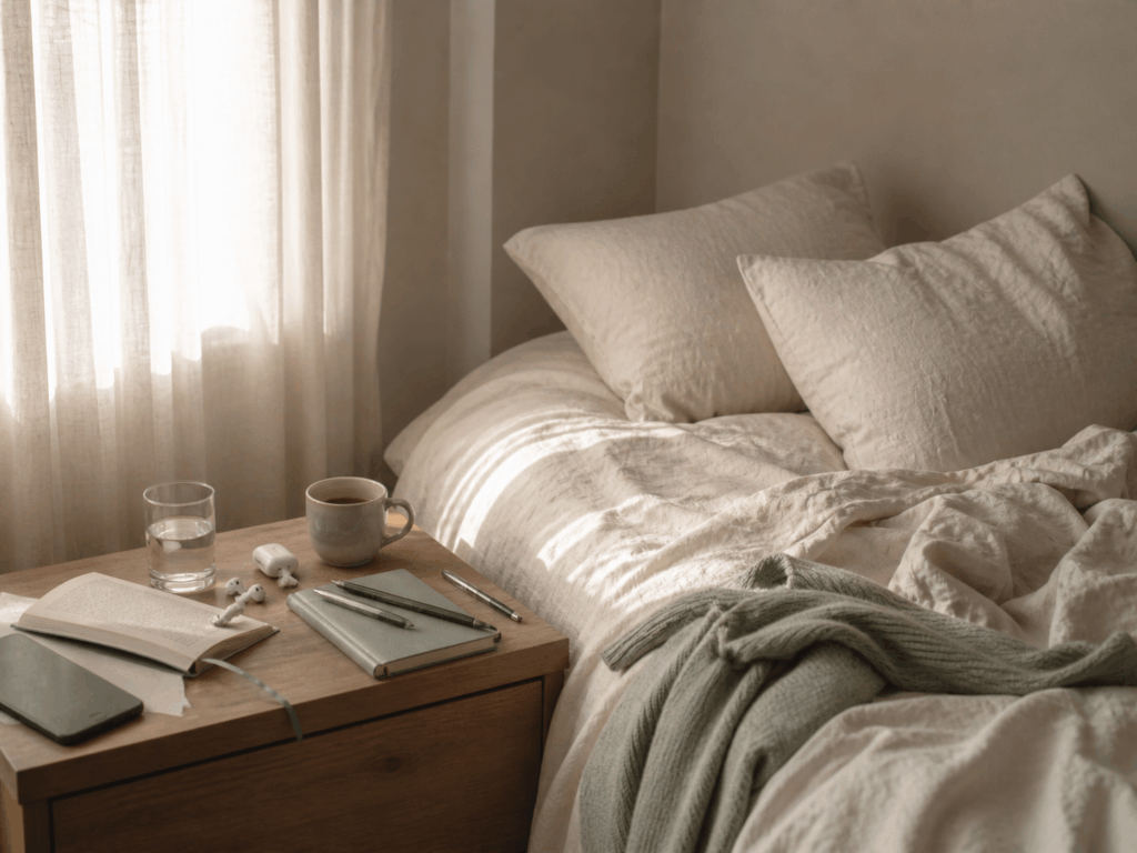 Table de chevet en bois avec livre ouvert, téléphone, écouteurs, carnet, stylos, verre d'eau et tasse de thé, à côté d'un lit en lin froissé baigné de lumière naturelle.