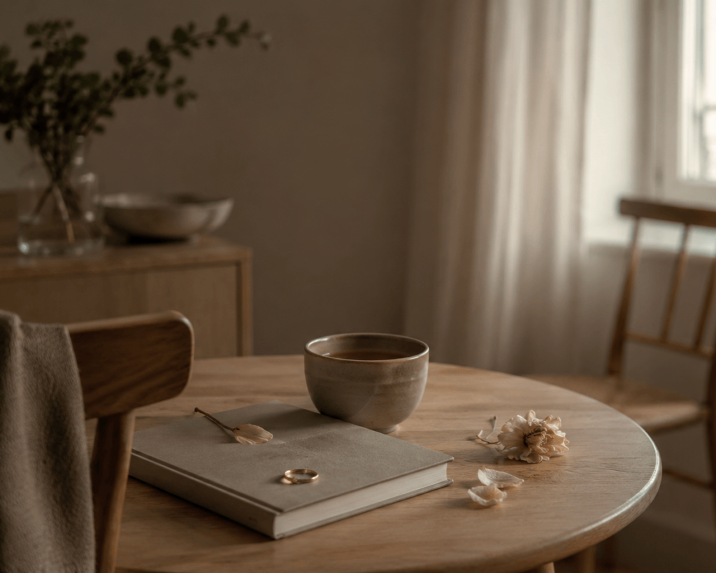 Table près d’une fenêtre avec une tasse, un carnet fermé, une bague et une fleur fanée, évoquant le deuil amoureux et l’apaisement après une rupture.