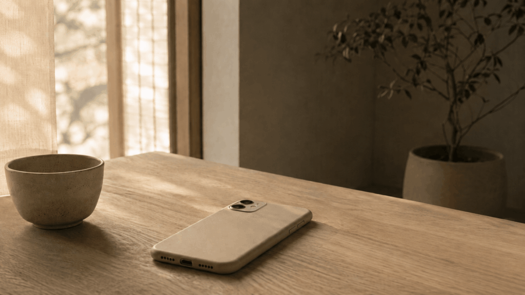 Image de l'article sur l'infidélité numérique : un téléphone posé écran contre une table en bois, près d'une fenêtre voilée, dans une lumière chaude et feutrée.